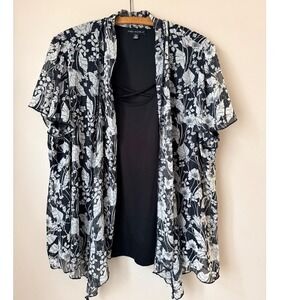 Sara Michelle Black Floral Print Kimono Top Plus Size 2X Short Sleeve Layered